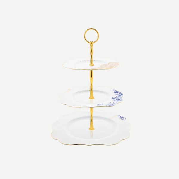 Royal White Mavi Beyaz Porselen 3 Katlı Servis 28 Cm